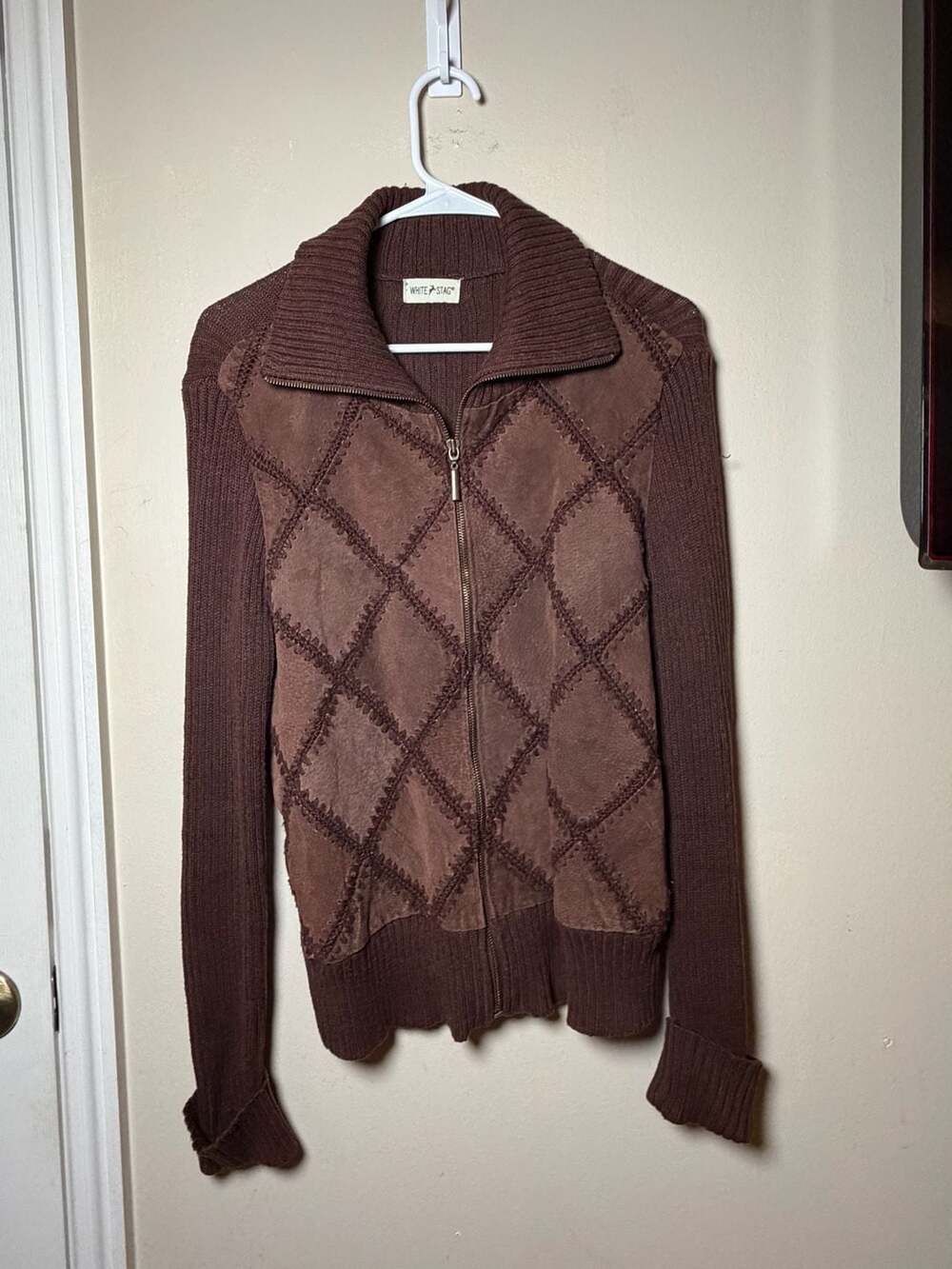 White Stag Suede Jacket Brown Full Zip Up Knit Trim